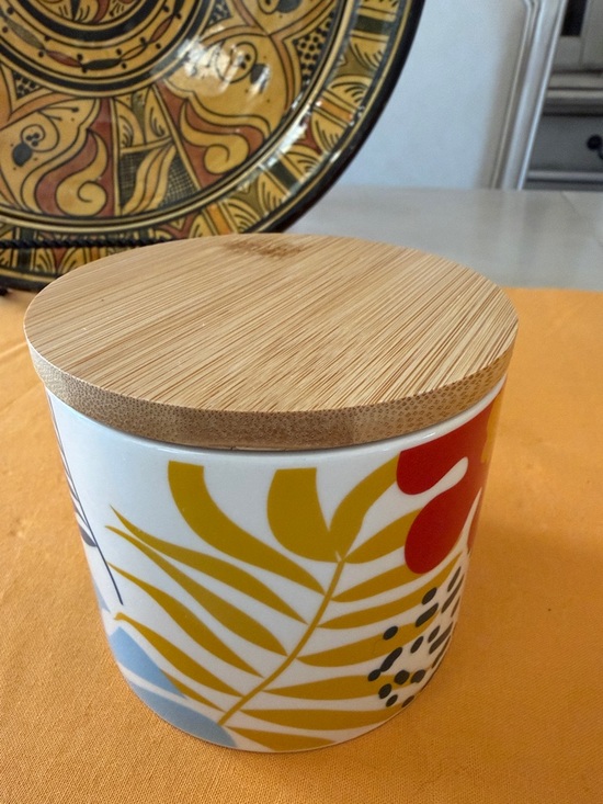 Zenas Boutique Other - Ceramic Storage Jar with Bamboo Lid - Yellow & Red Leaf Design